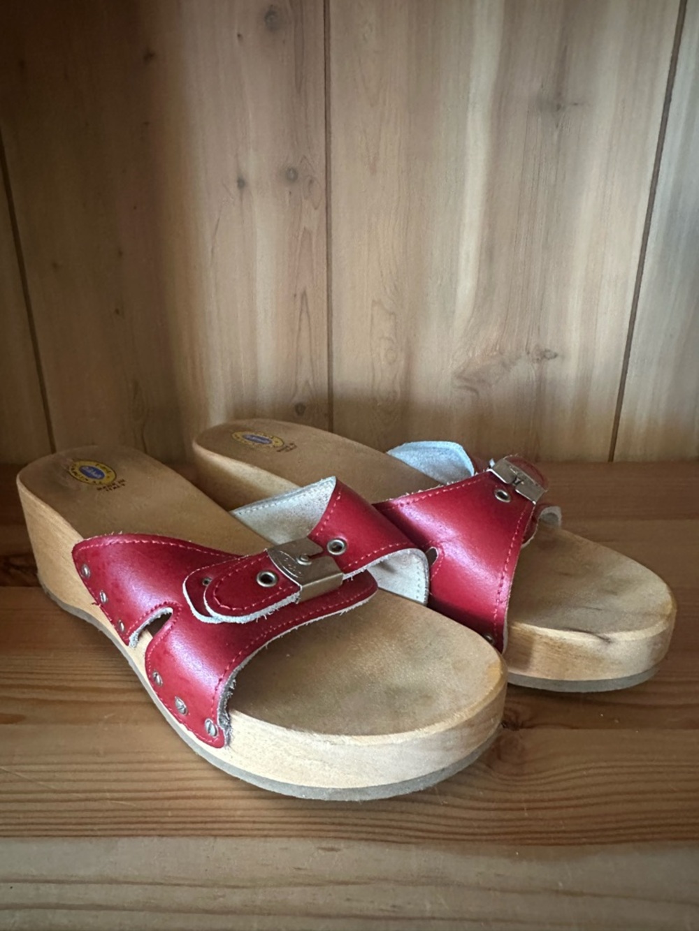 Dr. Scholl's vintage Red Leather Buckle Slide Clogs - Picture 3 of 4